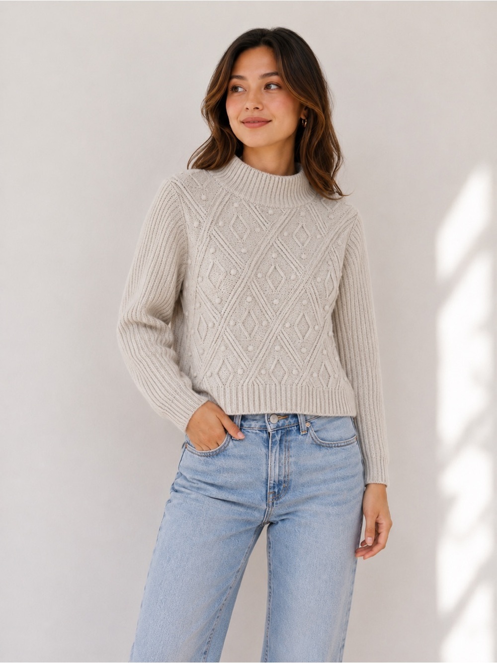 Cynthia Rowley Chenille Mock Neck Sweater Cream Ivory Textured Cozy Knit M